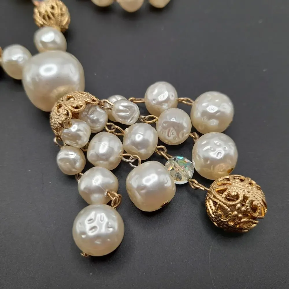 Vintage Faux Pearl Tassel Necklace, Aurora Borealis Crystals, 26
